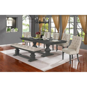 Beige Linen Fabric Dining Bench in Dark Gray Wood and Tufted Seats
