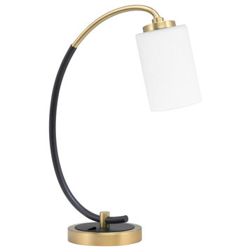 1-Light Desk Lamp, Matte Black/New Age Brass Finish, 4" White Muslin Glass