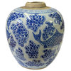 Oriental Handpainted Fishes Small Blue White Porcelain Ginger Jar Hws2325
