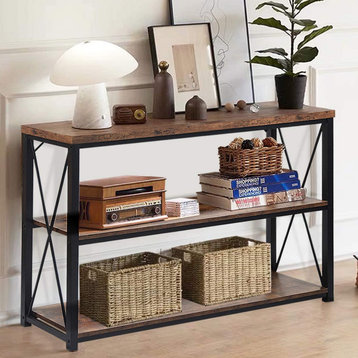 Rustic Industrial 3-Tier Console Table with Storage Open Bookshelf, Brown Oak