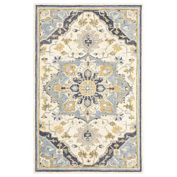 Asher Bohemian Medallion Blue and Ivory Area Rug, 10'x13'