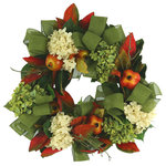 Creative Displays - 26" Fall Wreath with Hydrangeas and Pomegranates - Add some quintessential autumn charm to your home or office space with this beautiful 26" Fall Wreath! Handcrafted with love, this wreath is sure to get you into the spirit of the season. Coming alive with bursts of green bows, cream and green hydrangeas, green magnolia leaves, red fall leaves, and perfectly scattered pomegranates, this stunning display adds a classic look and feel. The faux construction ensures that no worries come along with it, as there is no need for maintenance or regular watering. Made from high quality, durable, and breathable materials, this wreath is sure to be with you for years to come.  Let the beauty of this Fall Wreath add warmth and brightness to your every day!