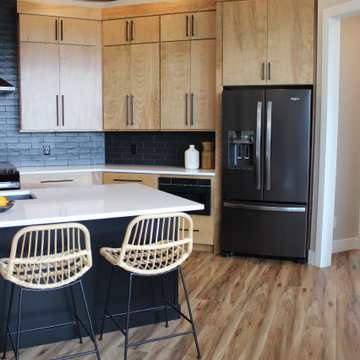 Angled Kitchen Design with Slab Style Cabinets in Pecan Stain