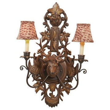 Wall Sconce MOUNTAIN Lodge Pheasant Deer Stag 2-Light Feather Pattern
