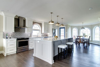 Large transitional single-wall dark wood floor eat-in kitchen photo in Other with an undermount sink, recessed-panel cabinets, white cabinets, quartzite countertops, gray backsplash, glass tile backsplash, stainless steel appliances and an island