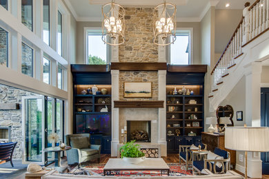 Inspiration for a huge timeless formal and loft-style medium tone wood floor living room remodel in Portland with white walls, a standard fireplace, a tile fireplace and no tv