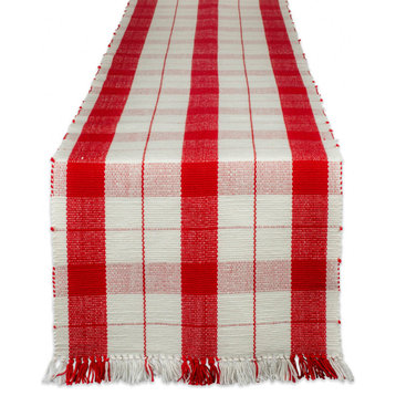 DII Red Tinsel Plaid Fringed Table Runner