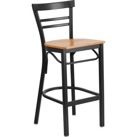 Hercules Series Black Ladder Back Metal Barstool, Natural Wood Seat