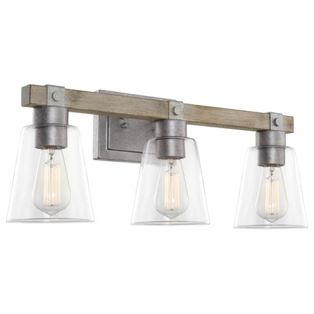 Kira Home Asher 23" Farmhouse / Bathroom Light, Conic Glass Shades, Bleached Oak