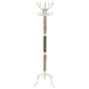Tall Coat Rack, Unique Design With Light Brown Wooden Accents and Silver Finish