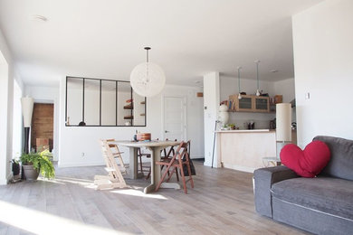 Living room - mid-sized scandinavian open concept light wood floor living room idea in Montreal with no tv and white walls