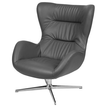 Contemporary Swivel Accent Chair, Faux Leather Seat With Tufted Wingback, Gray