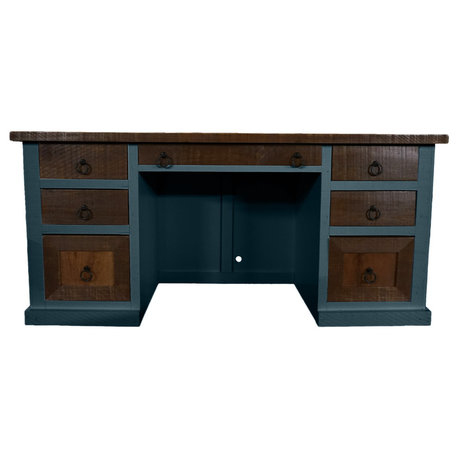 Rustic Solid Wood Executive Desk, Smokey Blue