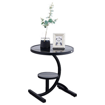 Round/Square Tempered Glass Small Side Table with 2 Layers, Black, Round