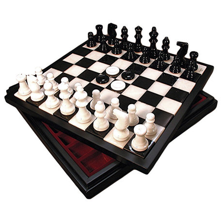 Black and White Alabaster Chest, Chess and Checkers Set