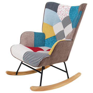 Mid Century Fabric Rocking Chair With Wood Legs and Patchwork Linen, Colourful