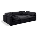 Meridian Furniture - Indulge Upholstered Modular U-Shaped Sectional, Black, 6-Piece: 3 Armless Chair, 2 Corner Chair, 1 Ottoman, Down Stuffed Velvet - Experience ultimate comfort and style with our black velvet Indulge Sectional. The luxurious velvet will elevate the aesthetic of any room. This sofa provides ample space for you to relax while its modular build offers the option of unlimited configurations. Whether you're looking to add a stylish element to your living room or a comfortable seating option to your bedroom, this sofa is the perfect choice.