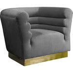 Meridian Furniture - Bellini Velvet Upholstered Chair, Gray - Add a bit of pizzazz to your living space with this Bellini Grey Velvet Chair from Meridian Furniture. Rich grey velvet upholstery offers you a luxurious place to curl up with a good book or rest in front of the TV after a long day, while horizontal Channel tufting creates texture and style. Its gold stainless steel base provides solid support, while adding to the chair's contemporary appearance. Its uniquely curved shape makes this piece a perfect addition to any room in your modern home.