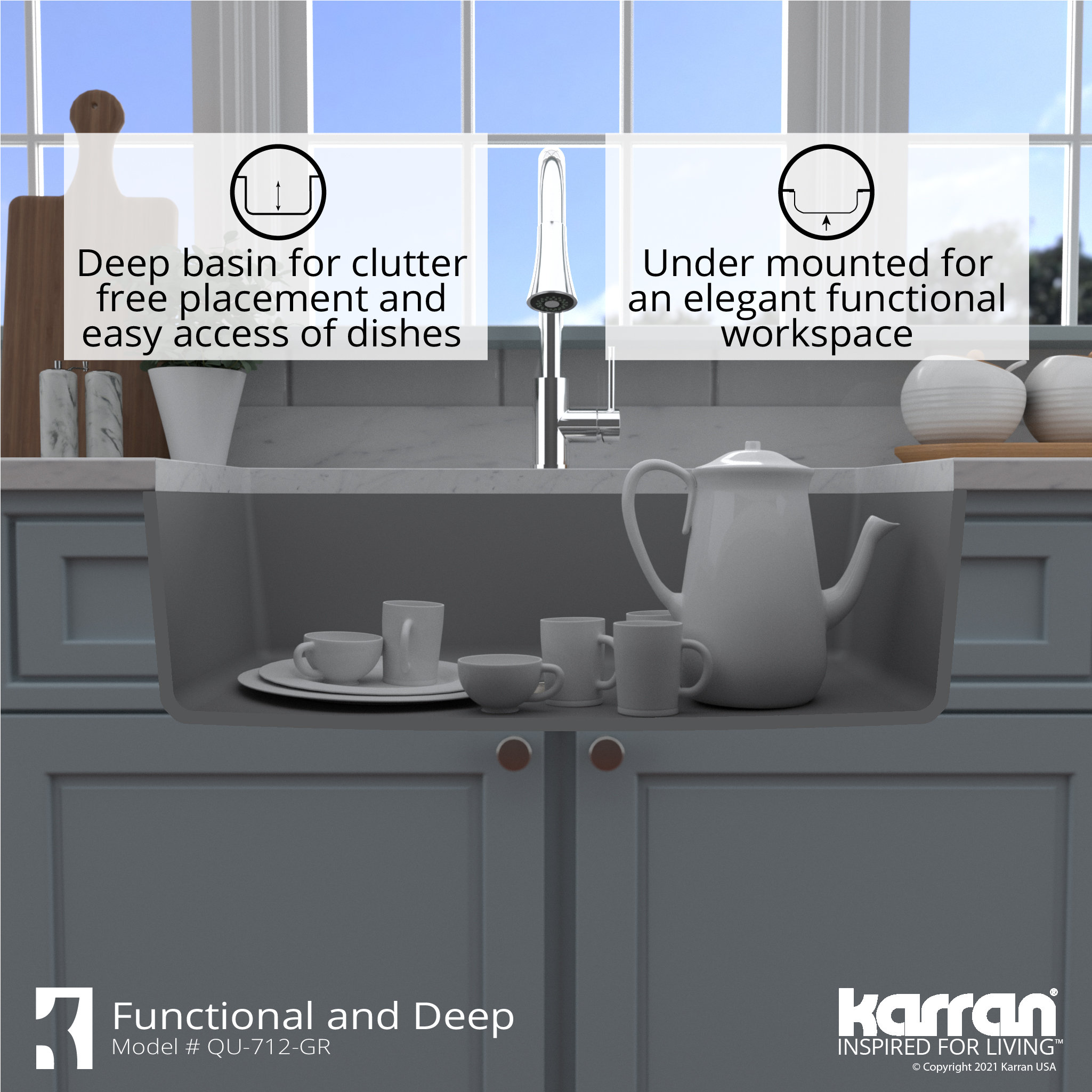 Karran Undermount Quartz 32" Single Bowl Kitchen Sink Kit, Grey