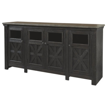 Farmhouse TV Console, Cross Buck Doors With Glass Panels, Weathered Gray/Brown