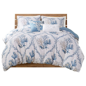 5 Piece Cotton Duvet Cover Set with Throw Pillows, Full/Queen, Blue/White
