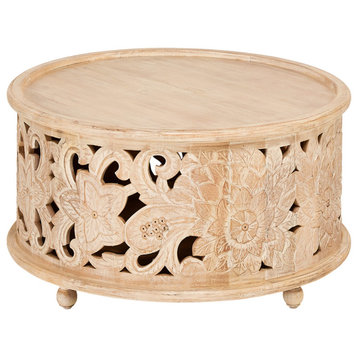 35" Bohemian Lotus Solid Mango Carved Wood Round Drum Coffee Table