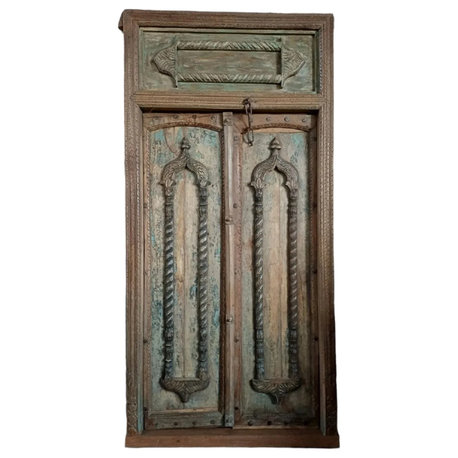 Consigned Medieval French Antique Teak Wood Exterior Haveli Doors 95