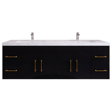Rosa 72" Double Sink Wall Mounted Vanity with Reinforced Acrylic Sinks, High Gloss Black
