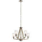 Kichler - Chandelier 5-Light - The 5-light chandelier from the DerynTM collection delivers a minimalist style with crisp, clean lines and an inverted diamond shape structure. Accented with clear seeded glass and a Distressed Antique Grey and Nickel finish - making it the perfect addition to refined rustic and coastal settings. in.,