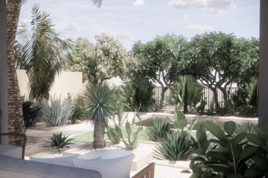 Diseño de jardín de secano contemporáneo de tamaño medio en verano en patio trasero con paisajismo estilo desértico, exposición total al sol y adoquines de piedra natural