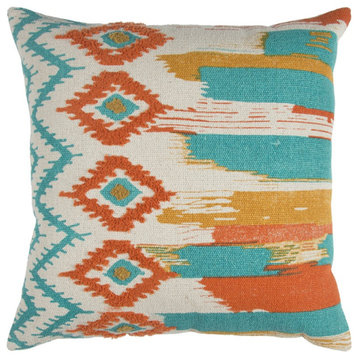 20" X 20" Ivory Blue and Orange Ikat Cotton Zippered Pillow With Embroidery