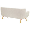 Retro Sofa, Natural Wooden Legs & Beige Polyester Seat With Button Tufted Back