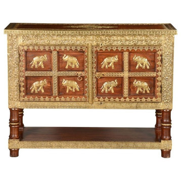 8 Golden Elephants Mango Wood & Brass Inlay Console Table Chest
