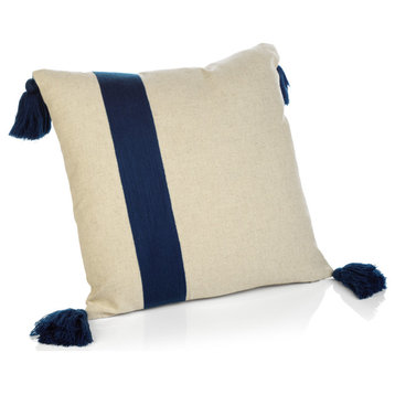 Positano 18"x18" Embroidered Throw Pillow with Tassels, Dark Blue
