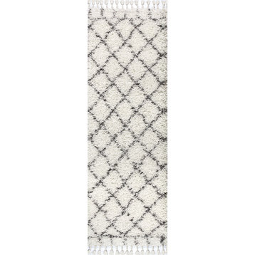 Mercer Shag Plush Tassel Moroccan Geometric Trellis Area Rug, Ivory/Grey, 2 X 8