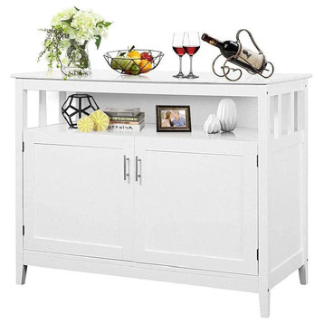 Modern Sideboard, Open Shelf & 2 Doors Cabinet With Chrome Pulls, White
