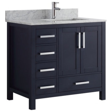 36" Navy Blue Single Vanity, Marble Top, Sink and No Mirror, Right Version