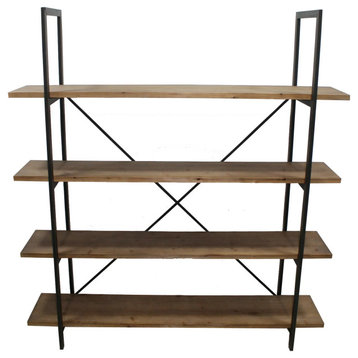 Industrial Bookcase, Metal Frame With Firwood Shelves & X-Back Support, Brown