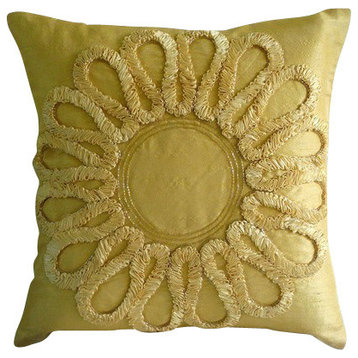 Ribbon Flower 22"x22" Art Silk Gold Decorative Pillow Cover, We All Blossom