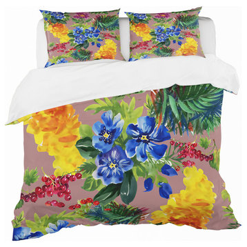 Blue and Yellow and Pink Flower With Little Red Berries Bedding, Twin