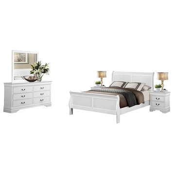5-Piece Modern Cal King Sleigh Bed, Dresser, Mirror, 2 Nightstand White