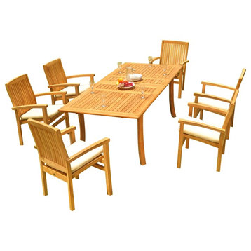 7-Piece Outdoor Teak Dining Set: 94" Rectangle Table, 6 Wave Stacking Arm Chairs