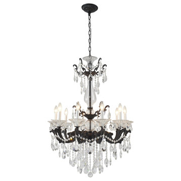 10-Light Satin Black Metal Chandelier With Clear Hanging Crystals