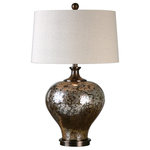 Uttermost - Uttermost Liro Mercury Glass Table Lamp - Mottled Dark Bronze Mercury Glass With Rust Accents And Complimenting Dark Bronze Metal Details. The Slightly Tapered Round Hardback Shade Is A Beige Linen Fabric With Light Slubbing.  Additional Product Information: Collection: Liro Size (inches): 17Lx18.5Wx30H Item Weight (lbs): 9 Frame Finish: Mottled Dark Bronze Mercury Glass With Rust Accents And Complimenting Dark Bronze Metal Details. Shade Description: Slightly tapered round hardback Shade Size (inches): Height: 10.5, Top: 17W x 0D, Bottom: 18.5W x 0D Material:  Glass, Steel Country: China
