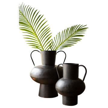 2-Piece Set Matte Black Metal Urn Vases Two Handle Fat Minimalist Modern Elegant
