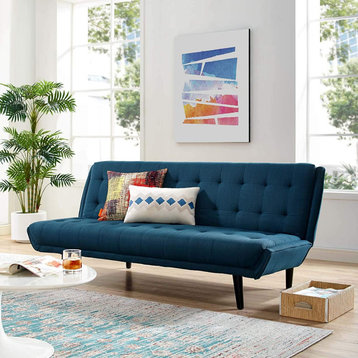 Midcentury Modern Futon Sofa, Soft Polyester Upholstery With Deep Tufting, Azure