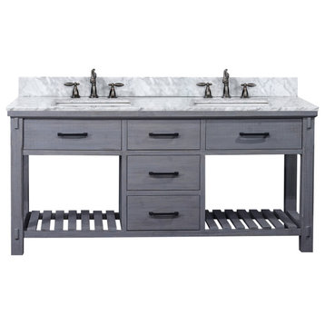 72"Rustic Solid Fir Double Sink Vanity, Blue-Gray, Wk8472-Bg+cw Sq Top