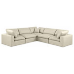 Meridian Furniture - Comfy Upholstered L-Shaped Modular Sectional, Cream, 5-Piece: 2 Armless Chair, 3 Corner Chair, Vegan Leather - Give your space a whole new look with this cream Comfy vegan leather sectional. This handsome sectional fits nicely with other items in the Comfy collection and is a versatile seating option designed for adaptability, comfort and style. Wrapped in rich cream durable vegan leathered upholstery, this sectional offers a plush embrace of overstuffed down feather cushions, carefully crafted to deliver the highest level of comfort. The perfect seat for creating an oasis for relaxation, this sectional has thick foam surrounding its frame for added support and coziness.