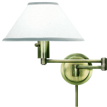 Home Office Swing Arm Wall Lamp, Antique Brass With Off-White Linen Hardback
