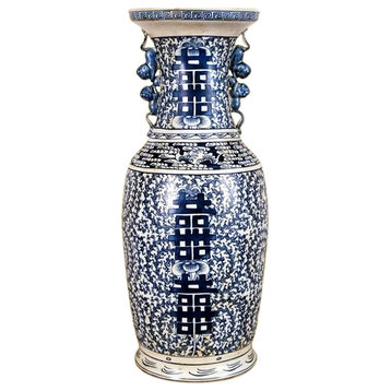 Oriental Blue and White Double Happiness Porcelain Vase 24"